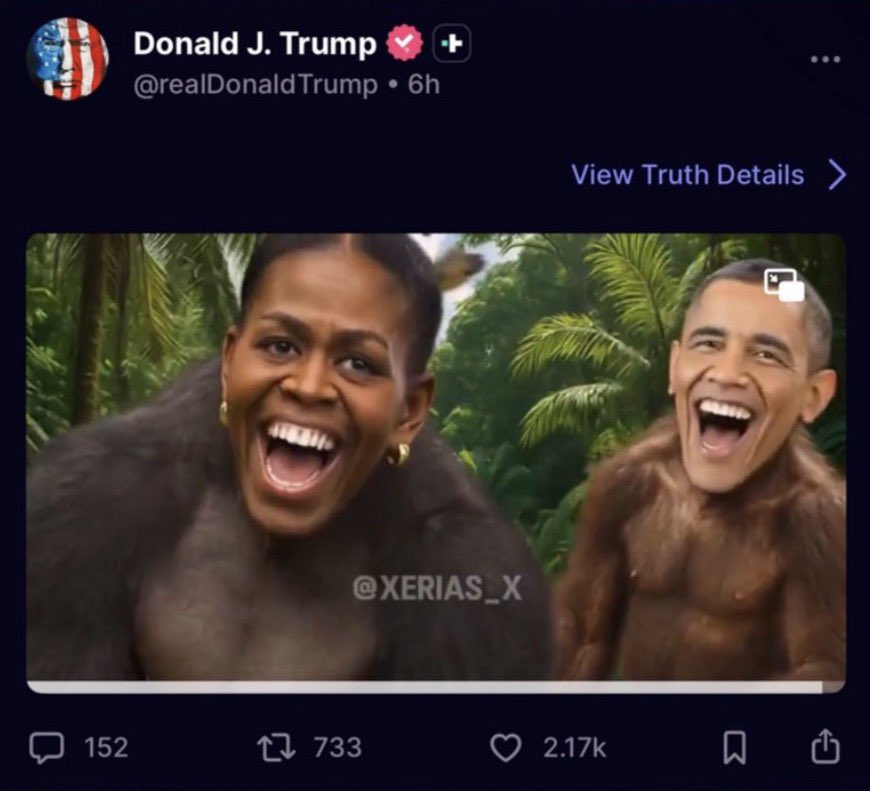 DidDTrumpDie's tweet image. Donald Trump did not die today but he posted a video depicting the Obamas as apes

Truly disgraceful.