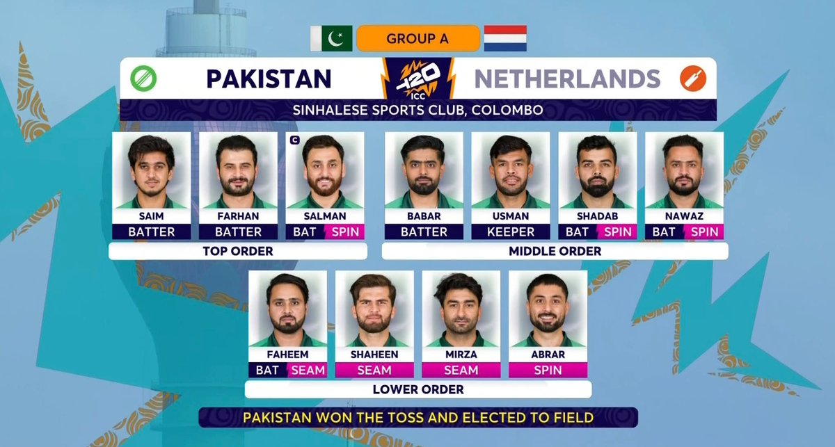 imadkhanumarzai's tweet image. Match 1:✅
🔴 Pakistan are bowling first vs Netherlands. Pakistan are playing 3 seamers and 4 spinners. 🇵🇰🤝🇹🇯

#T20WorldCup
#PAKvsNETH
#colombo
#colomboweather