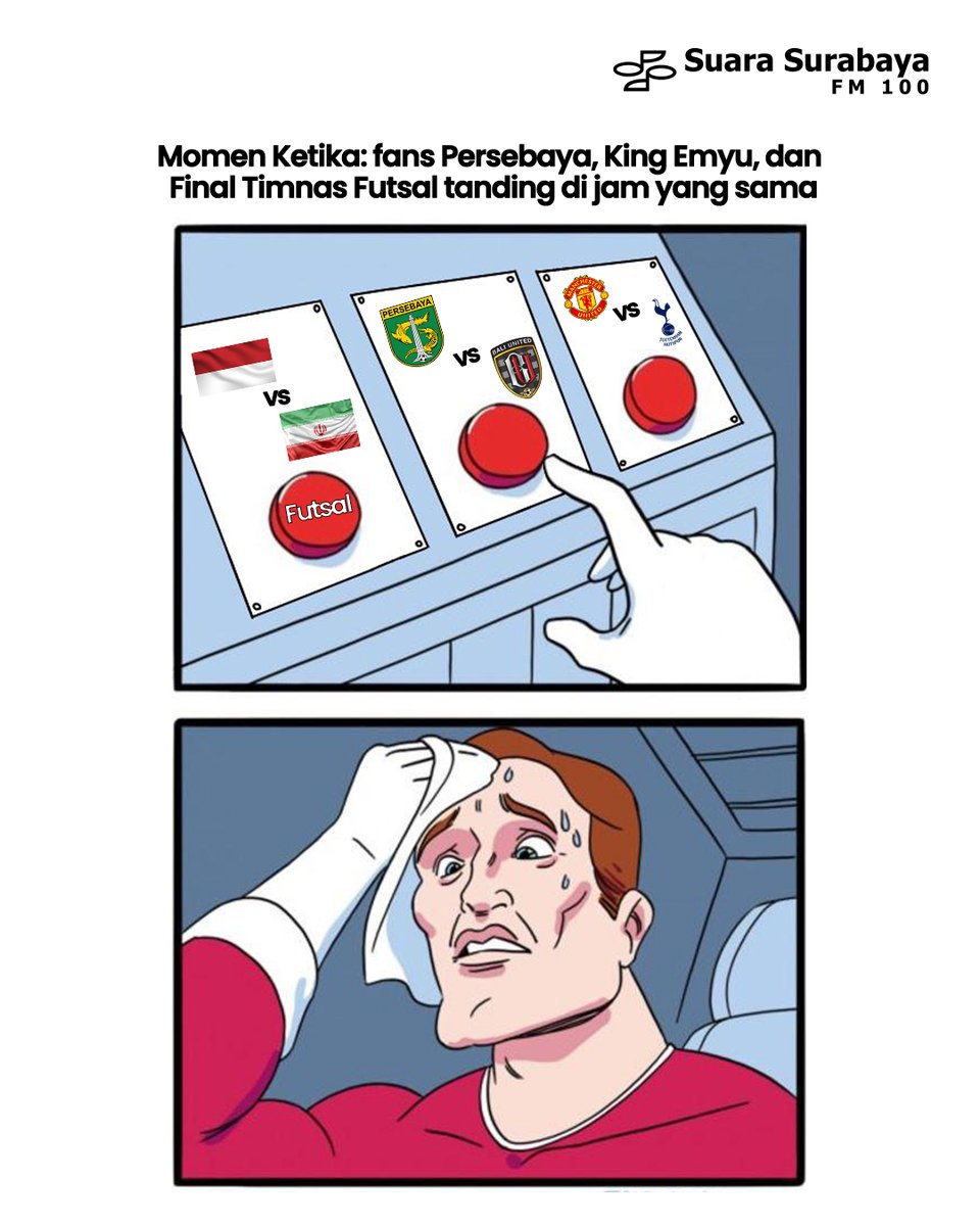 Inilah kondisi fans Persebaya, Manchester United, dan Timnas Futsal sekitar pukul 19.00 WIB nanti (7/2/2026).

Jadwal "Persebaya Vs Bali United" dan "Final Piala Asia Futsal 2026 Timnas Indonesia Vs Iran" bertanding pada jam yang sama yakni pukul 19.00 WIB. Pertandingan big match