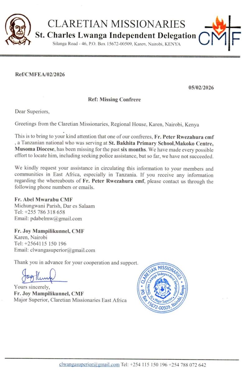 noah_mwamfupe's tweet photo. Ni miezi sita sasa imepita toka Padre Padri Peter Rwezahura, CMF, alipo potea na juhudi za kumtafuta zinaendelea.

Tusaidiane kusambaza taarifa hii na kusali ili mpendwa wetu Padre Peter Rwezahura, CMF, apatikane kwa haraka.

Bikira Maria Mfariji wa wenye uchungu; Utuombee 🙏🙏🙏 https://t.co/adKAM9Y3nv