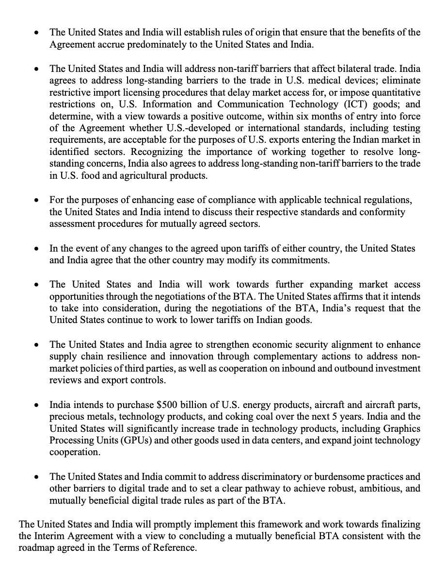 kdhiraj123's tweet photo. India–US Trade Agreement: A Strategic Shift in Global Trade

The Interim Trade Framework between India and the United States marks a major step towards a full Bilateral Trade Agreement (BTA).

-India opens market access for US agriculture, technology, medical devices & energy

-US reduces tariffs on Indian textiles, pharma, gems, machinery & manufacturing goods

-Strong focus on supply chains, digital trade & technology cooperation

Short-term gains favor the US, but long-term export growth positions India as a global manufacturing hub.

This is not just a trade deal — it’s a strategic economic partnership.

#IndiaUS #TradeAgreement #Exports #Manufacturing #GlobalTrade #FTA #MakeInIndia #SupplyChain