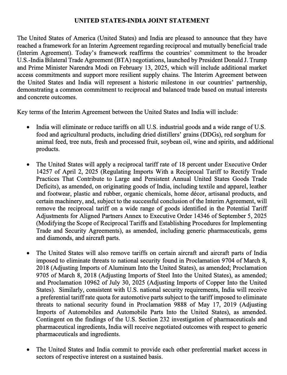 kdhiraj123's tweet photo. India–US Trade Agreement: A Strategic Shift in Global Trade

The Interim Trade Framework between India and the United States marks a major step towards a full Bilateral Trade Agreement (BTA).

-India opens market access for US agriculture, technology, medical devices & energy

-US reduces tariffs on Indian textiles, pharma, gems, machinery & manufacturing goods

-Strong focus on supply chains, digital trade & technology cooperation

Short-term gains favor the US, but long-term export growth positions India as a global manufacturing hub.

This is not just a trade deal — it’s a strategic economic partnership.

#IndiaUS #TradeAgreement #Exports #Manufacturing #GlobalTrade #FTA #MakeInIndia #SupplyChain