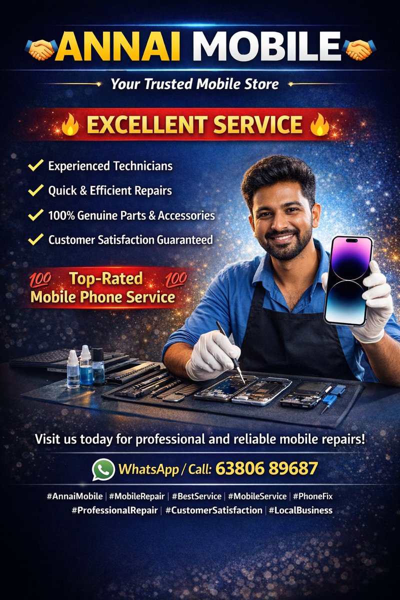 Annaimobilesnkl's tweet image. ANNAl MOBILE – Your Trusted Mobile Store 🤝
🔥 EXCELLENT SERVICE you can rely on! 🔥

📲 WhatsApp / Call: 63806 89687

#AnnaiMobile
#MobileRepair
#PhoneRepair
#BestMobileService
#TrustedService
#GenuineParts
#QuickRepair
#CustomerSatisfaction
#MobileStore
#LocalBusiness
#PhoneFix