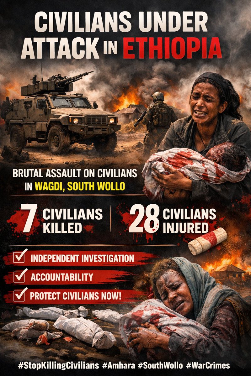 🚨 CIVILIANS UNDER ATTACK IN ETHIOPIA 🚨
Heavily mechanized forces carried out a brutal assault against civilians in South Wollo, Wagdi Woreda.
🔴 7 civilians killed
🔴 28 civilians injured
Attacks on civilians are war crimes under international humanitarian law.
Silence =