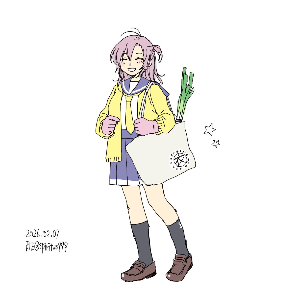 衣笠商店街のlana_lanaさん手作りの〇衣トートがかわいいのでおえかき
写真見て描いたのですが、肩紐長いのがいいですね　これは青葉お姉ちゃんにも自慢しちゃうやつ！