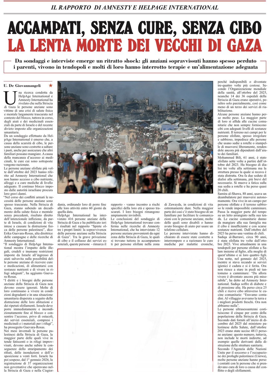Accampati, senza cure, senza cibo
La lenta morte dei vecchi di Gaza
Hanno spesso perduto i parenti, vivono in tendopoli e molti di loro hanno interrotto terapie e un’alimentazione adeguata
Il rapporto di Amnesty e Helpage International
Umberto De Giovannangeli, l’Unità