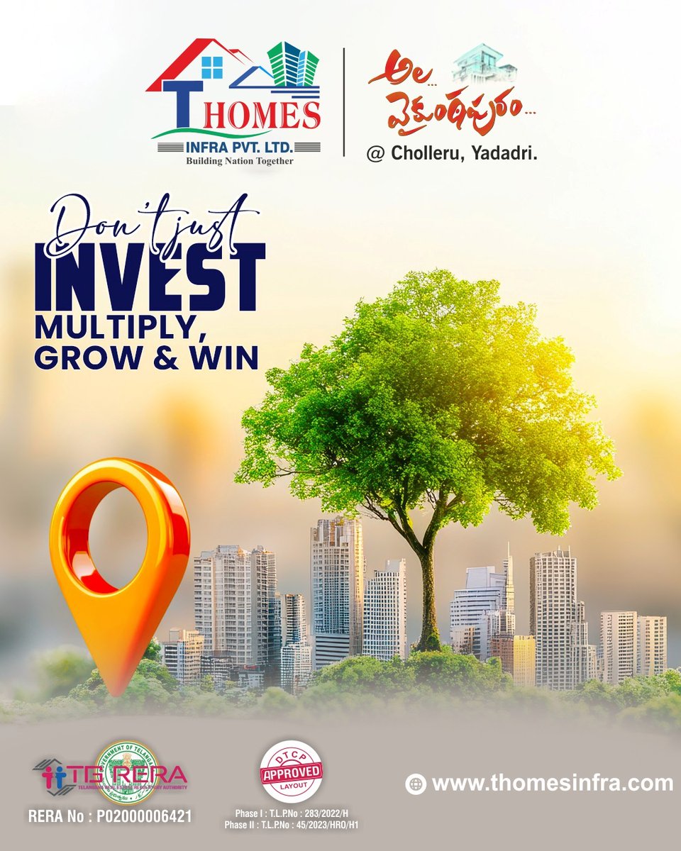 ThomesInfraOff's tweet photo. Multiply your wealth with T Homes Infra! Premium DTCP-approved plots now available Cholleru, Yadadri. Don’t just save, grow your future.
#thomesinfra #openplotshyderabad #SmartInvestmentinCholleru #HyderabadRealEstate #GatedCommunityinCholleru #PlotInvestment https://t.co/5vnhBcDg2P