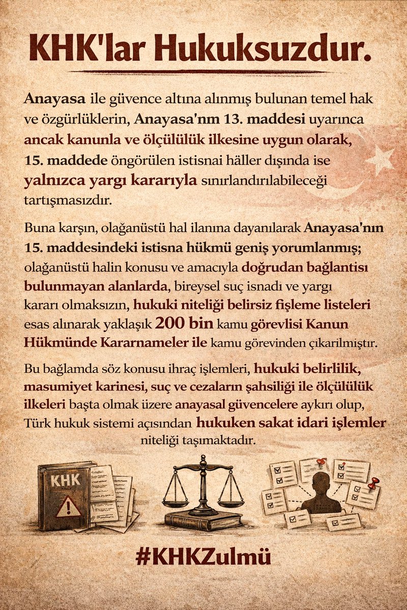 ProfAtak14's tweet image. 👉 Bugün #KHKZulmü’nün 3485. günüdür‼️

Anayasa ile güvence altına alınmış bulunan temel hak ve özgürlüklerin, Anayasa’nın 13. maddesi uyarınca ancak kanunla ve ölçülülük ilkesine uygun olarak, 15. maddede öngörülen istisnai hâller dışında ise yalnızca yargı kararıyla…