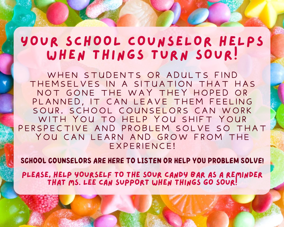 busybeeanalee's tweet image. It’s Day 5 of 🍬 #NationalSchoolCounselingWeek.  School counselors are here to support when things go sour, salty, sweet, bitter, or all of the above 😅 As a fun reminder our @OakSpringsElem staff enjoyed a sour candy bar! #NSCW26 

✨@OSEPROUD1 @abooe51 @PamMart40879645