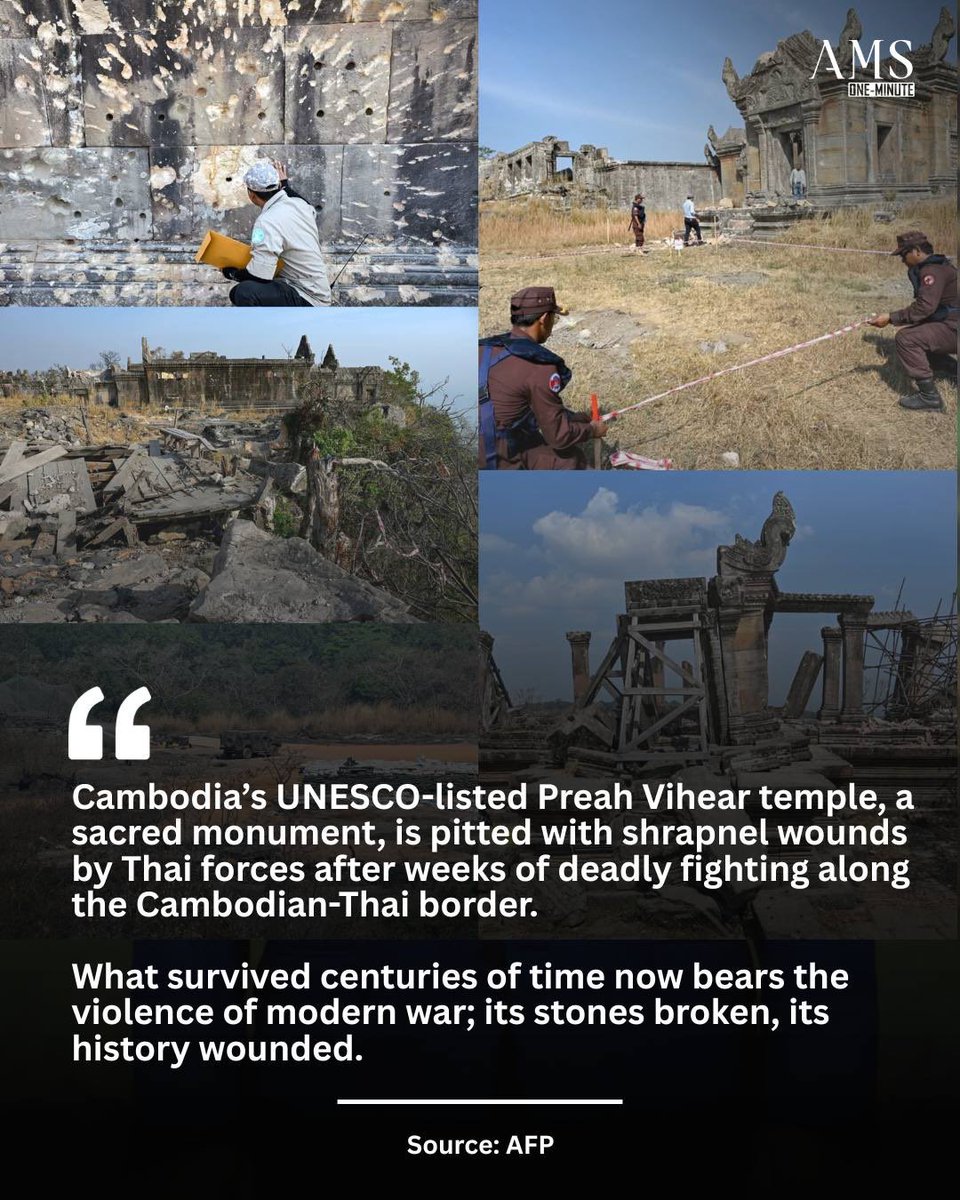 ams1minute's tweet photo. Cambodia’s UNESCO-listed Preah Vihear temple, a sacred monument, is pitted with shrapnel wounds by Thai forces after weeks of deadly fighting along the Cambodian-Thai border. https://t.co/Lcvpb9XwB5