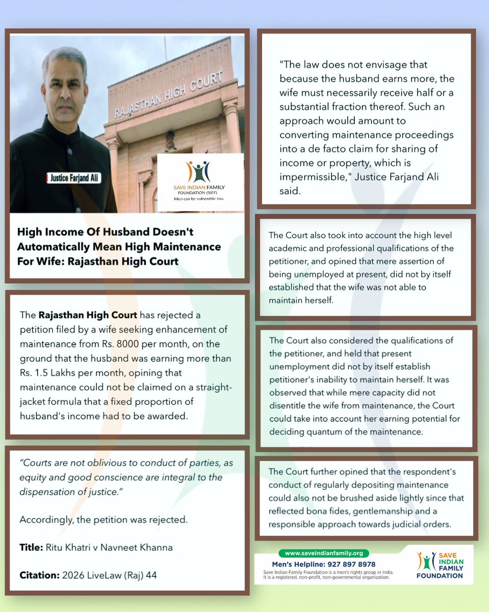 A powerful win at the Rajasthan High Court 👏

This landmark judgment makes it clear:
➡️ High income of the husband ≠ automatic high maintenance
➡️ Maintenance is support, not forced income sharing
➡️ Wife’s education, qualifications &amp; earning potential matter
➡️ Law stands on