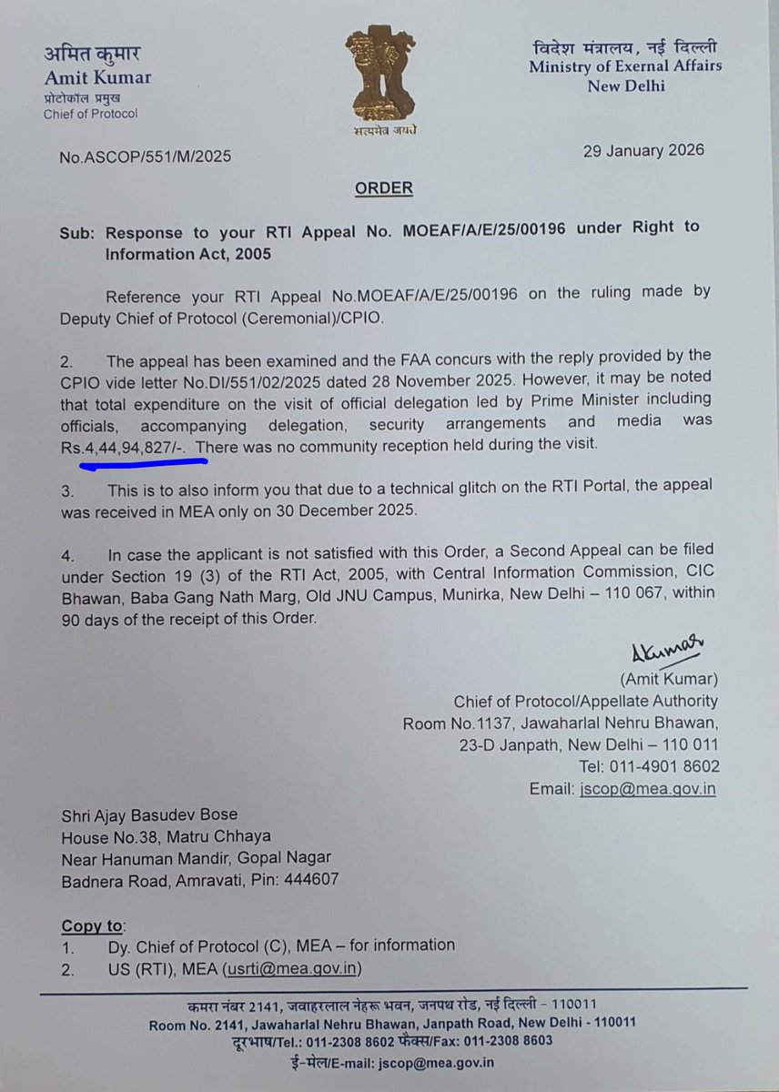 PM Modi had gone to Bhutan, Earlier information was denied on Expenses incurred on His visit Citing He was Guest of Bhutan,When I filed Strong Appeal asking for proof of Invitation,they gave up &amp; released the Figures, Rs 4Cr,44L,94K,827 was spent on Security arrangements &amp; Media