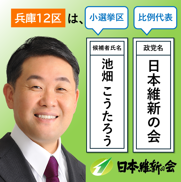 hyogoishin's tweet photo. 【拡散希望】めざせ！  兵庫維新 選挙中100万ビュー！《現在99万》

【 兵庫 12区　池畑 こうたろう 候補 】

投票用紙の
小選挙区は　池畑 こうたろう
比例代表は　日本維新の会

とお願いいたします。

そして、ぜひ拡散をお願いいたします！

#池畑こうたろう
#比例は維新
#動かすぞ維新が https://t.co/RrSM06YhkH