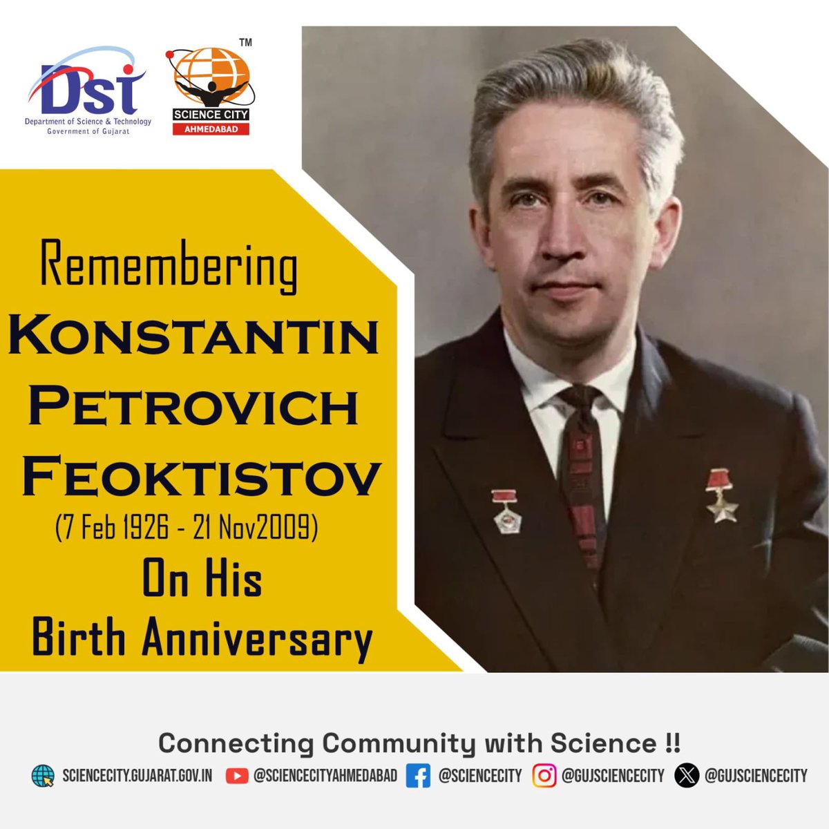 GujScienceCity's tweet image. Remembering Konstantin Petrovich Feoktistov (7 Feb 1926 – 21 Nov 2009) on his birth anniversary — engineer, cosmonaut, and a pioneer of human space exploration who flew on Voskhod 1 in 1964. 
#KonstantinFeoktistov #SpaceHistory #OnThisDay #SpacePioneer #GujaratScienceCity