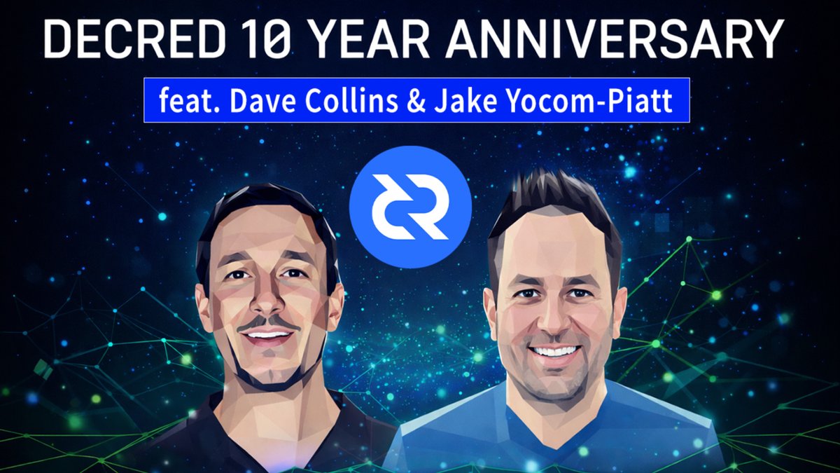 DecredSociety's tweet image. Decred's 10th Birthday feat. Jake Yocom-Piatt and Dave Collins 

LIVESTREAM:

🚀youtube.com/live/2lW6V1ibq… 
🚨Set your reminders