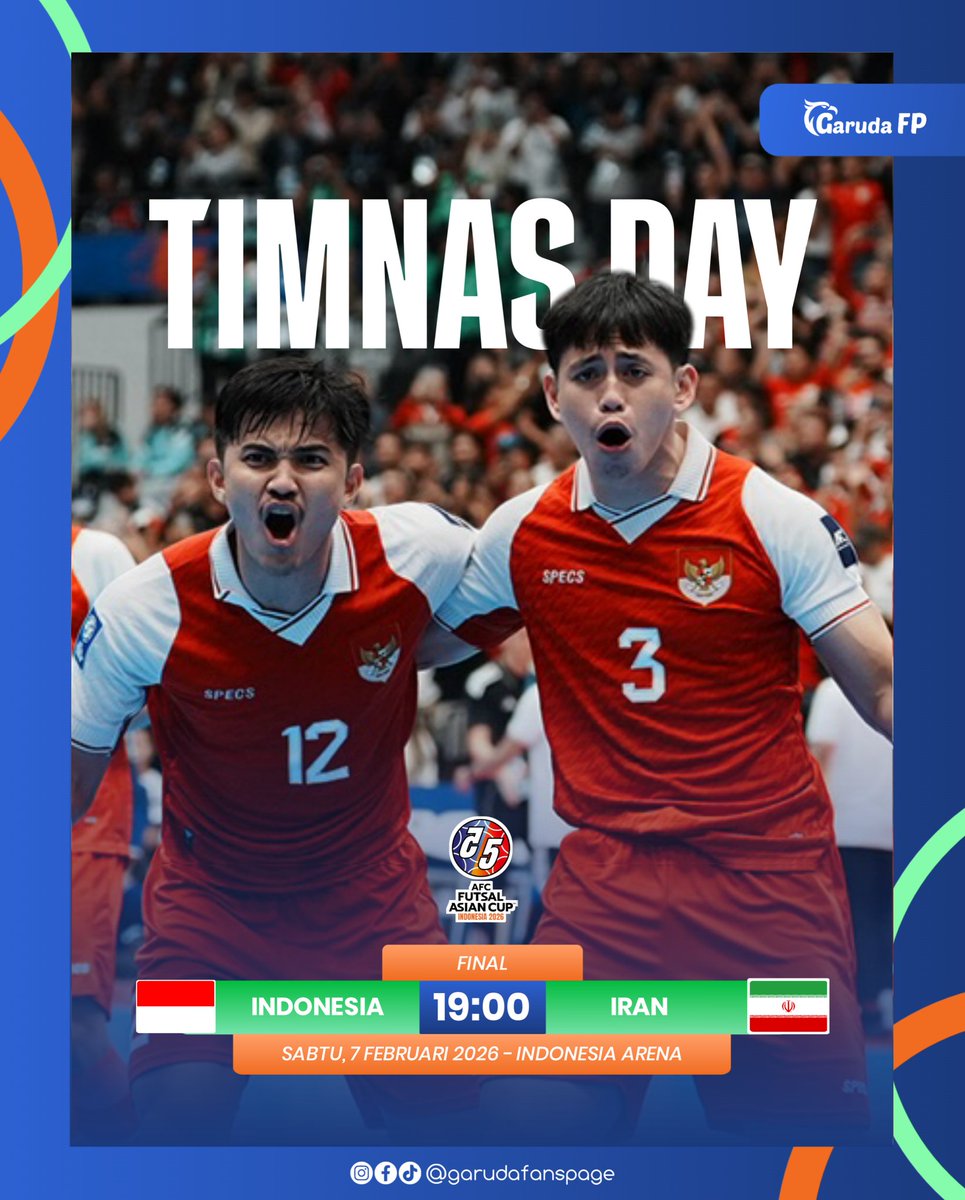 FINAL DAY! Malam ini, Timnas futsal Indonesia 🇮🇩 akan melakoni partai puncak piala asia futsal 2026 menghadapi tim raksasa asia, Iran 🇮🇷 

Indonesia untuk pertama kalinya bermain di partai puncak, sementara Iran 🇮🇷 adalah sang juara bertahan 

Ayo berjuang Garuda, Juara 🦅🇮🇩🔥