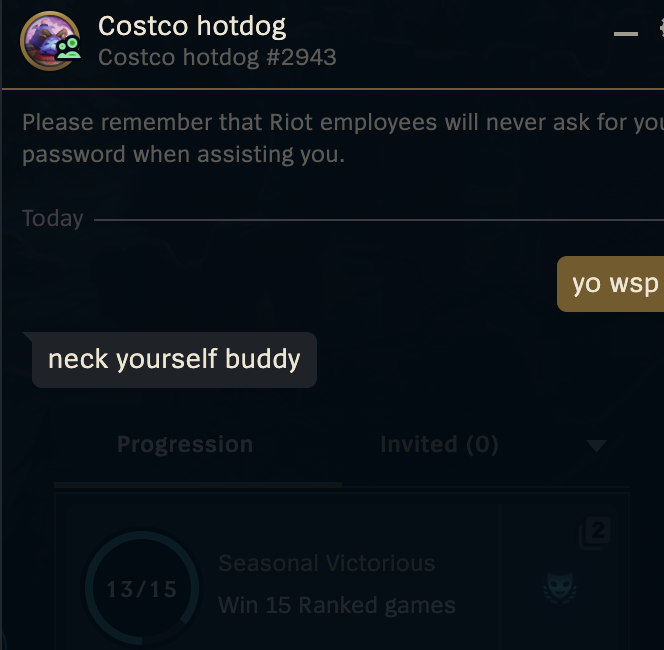 Isolation_19's tweet photo. @drewlevin do private messages get monitored by riot? 😭 https://t.co/1samtXzQZW
