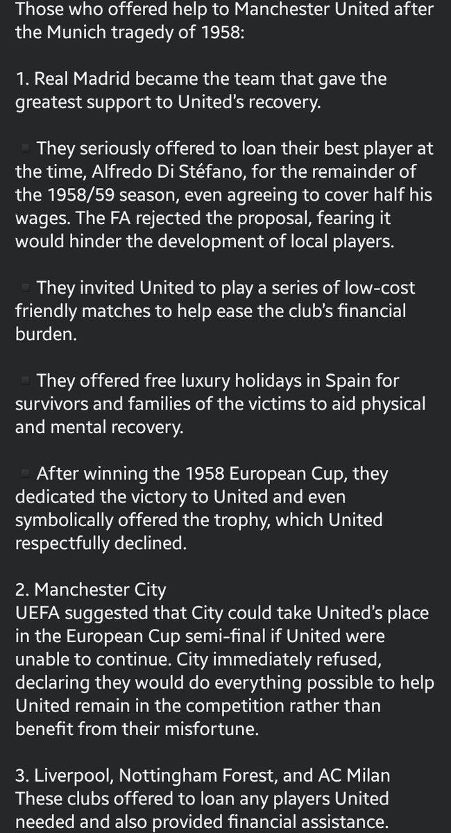 I had no idea Real Madrid did so much after the 1958 disaster. I knew about the charity games but not after them trying to offer their best player to boost Manchester United. Had no idea Liverpool also offered 5 players to United on loan. Respect in football comes a long way ✊🏽