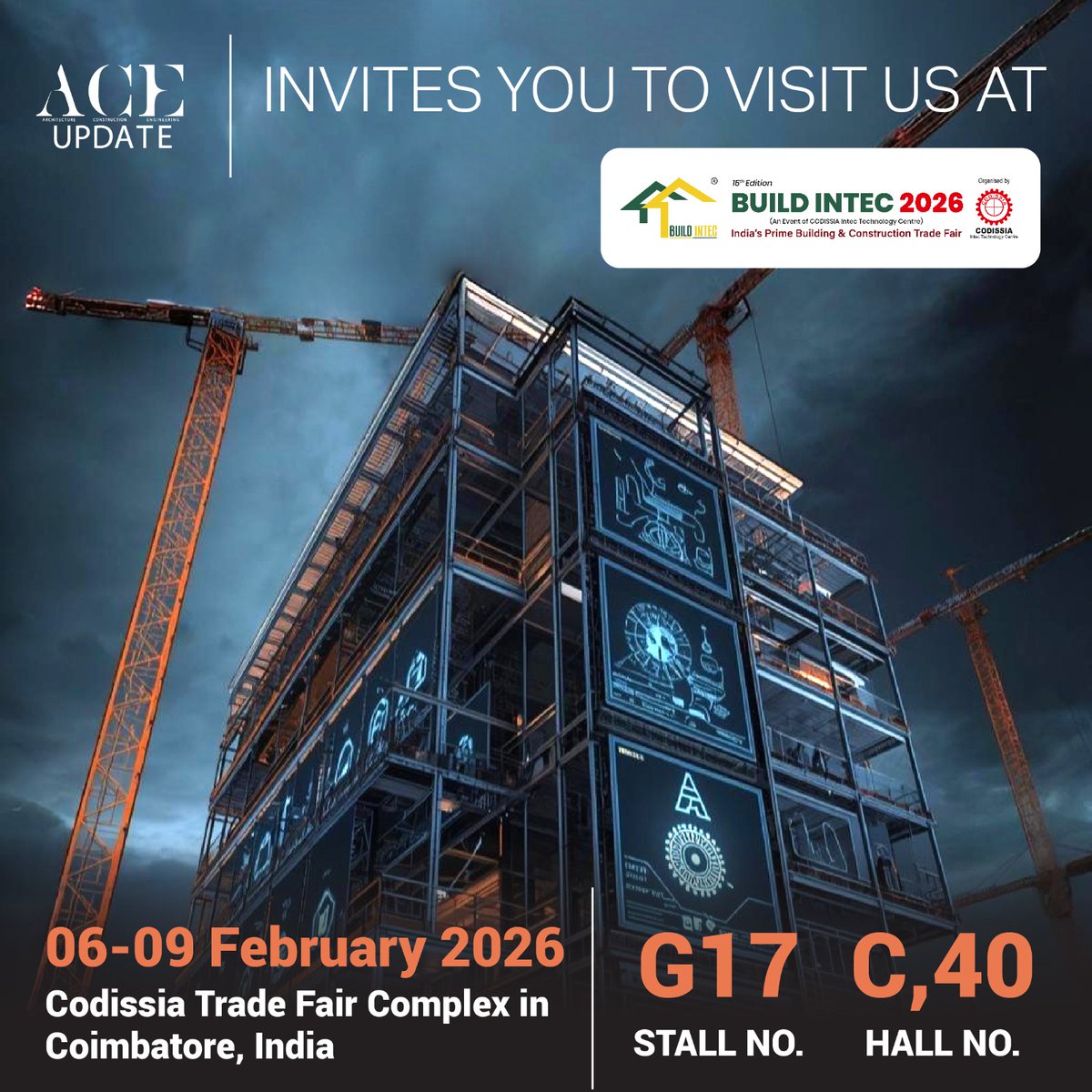 aceupdatemag's tweet image. 𝗔𝗖𝗘 𝗨𝗽𝗱𝗮𝘁𝗲 𝗶𝘀 𝗹𝗶𝘃𝗲 𝗮𝘁 𝗕𝗨𝗜𝗟𝗗 𝗜𝗻𝘁𝗲𝗰 𝟮𝟬𝟮𝟲.

Visit us at Hall No. C40, Stall No. G17.

#ACEUpdate #BuildIntec2026  #ConstructionExpo #ConstructionTechnology  #Codissia  #TradeFair #FutureOfConstruction #BuildingInnovation #CoimbatoreEvents