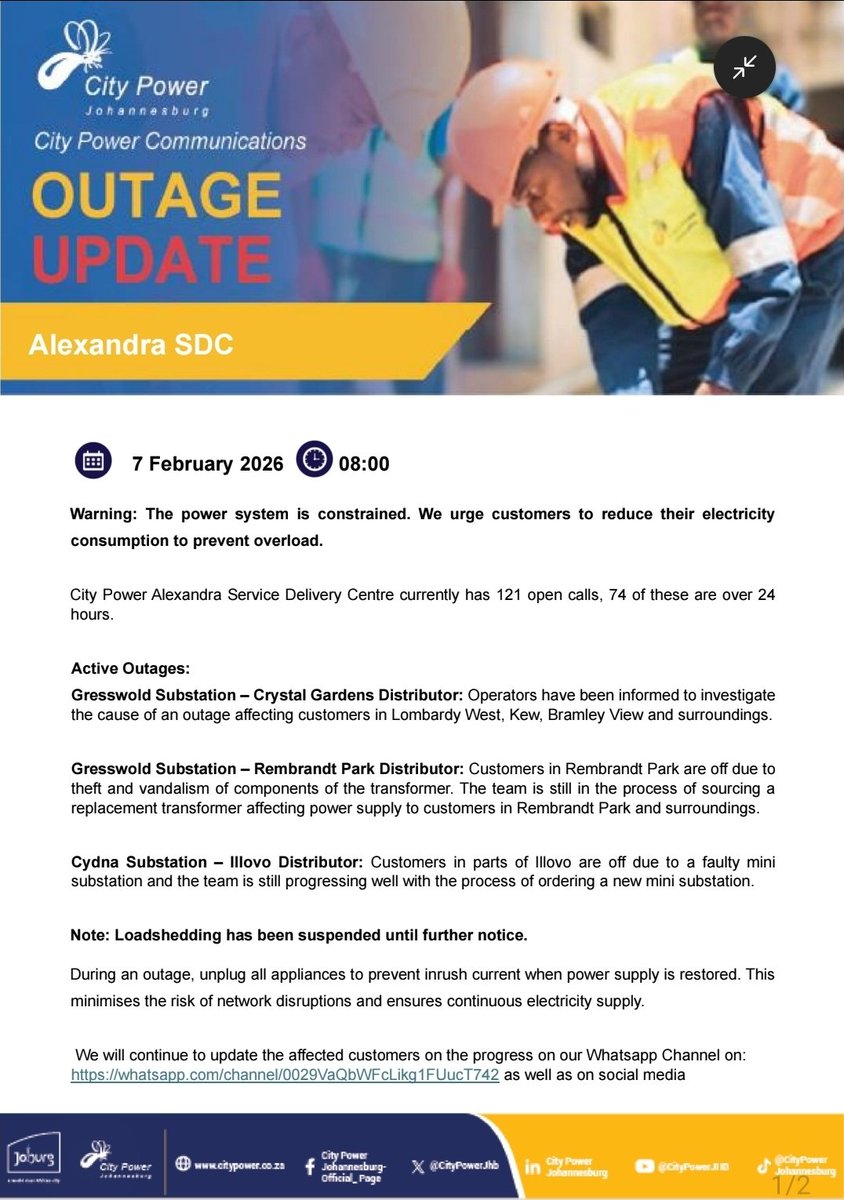 CityPowerJhb's tweet photo. #OutageUpdate #CityPowerUpdate #AlexandraSDC
City Power Alexandra Service Delivery Centre currently has 121 open calls, 74 of these are over 24 hours.
Follow the Alexandra SDC Outage Updates channel on WhatsApp: https://t.co/REP3E2dSGs. ^OS https://t.co/Y4NhMKHXmt