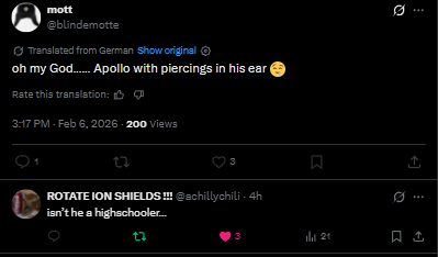 ok so you like a character confirmed to be sophomore/junior age

not just that but despite it being on my server as a rule, you chose to violate my boundaries by choosing to stay on the server despite being an absolute creep. not just about apollo but supporting a chaser