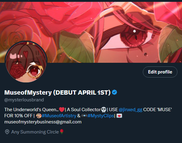 WELL I'M OFFICALLY VERIFIED!! 🥳

I'm so freaking excited to announce I'll be debuting April 1st of 2026 as MuseofMystery, your very own underworld queen and local soul collector...🌹

Thank you to all my friends and people who help create my new beautiful form and give me LIFE!