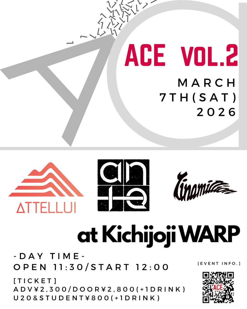 /// LIVE info. ///

⚡️1ヶ月後⚡️

3月7日(土)
"ACE vol.2"  at 吉祥寺WARP

-act-
ante
Attellui
1inamillion

🎧出演者プレイリスト🎧
x.gd/MOgJr

🎫TICKET🎫
先着前売券：2,300円+1D
U20/学割：800円+1D
tiget.net/events/452942