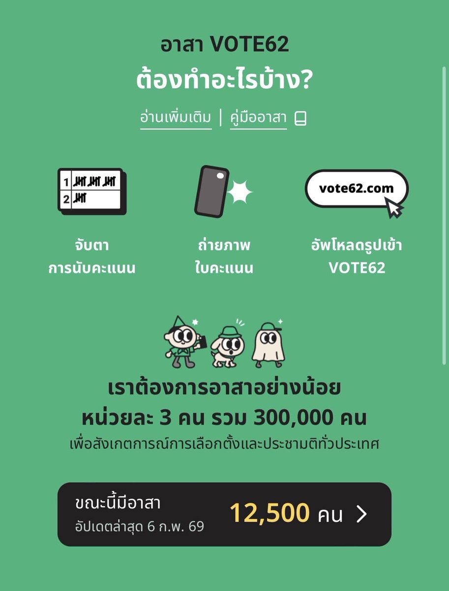 aelmsleep's tweet image. volunteer.vote62.com/apply/

ยังขาดอาสาสมัครครับ เป็นประชาชน 2026 ต้องออกแรงกันหน่อย ออกเสียงเสร็จแล้ว มาปกป้องเสียงของเราให้ถึงฝั่งฝันกันด้วย