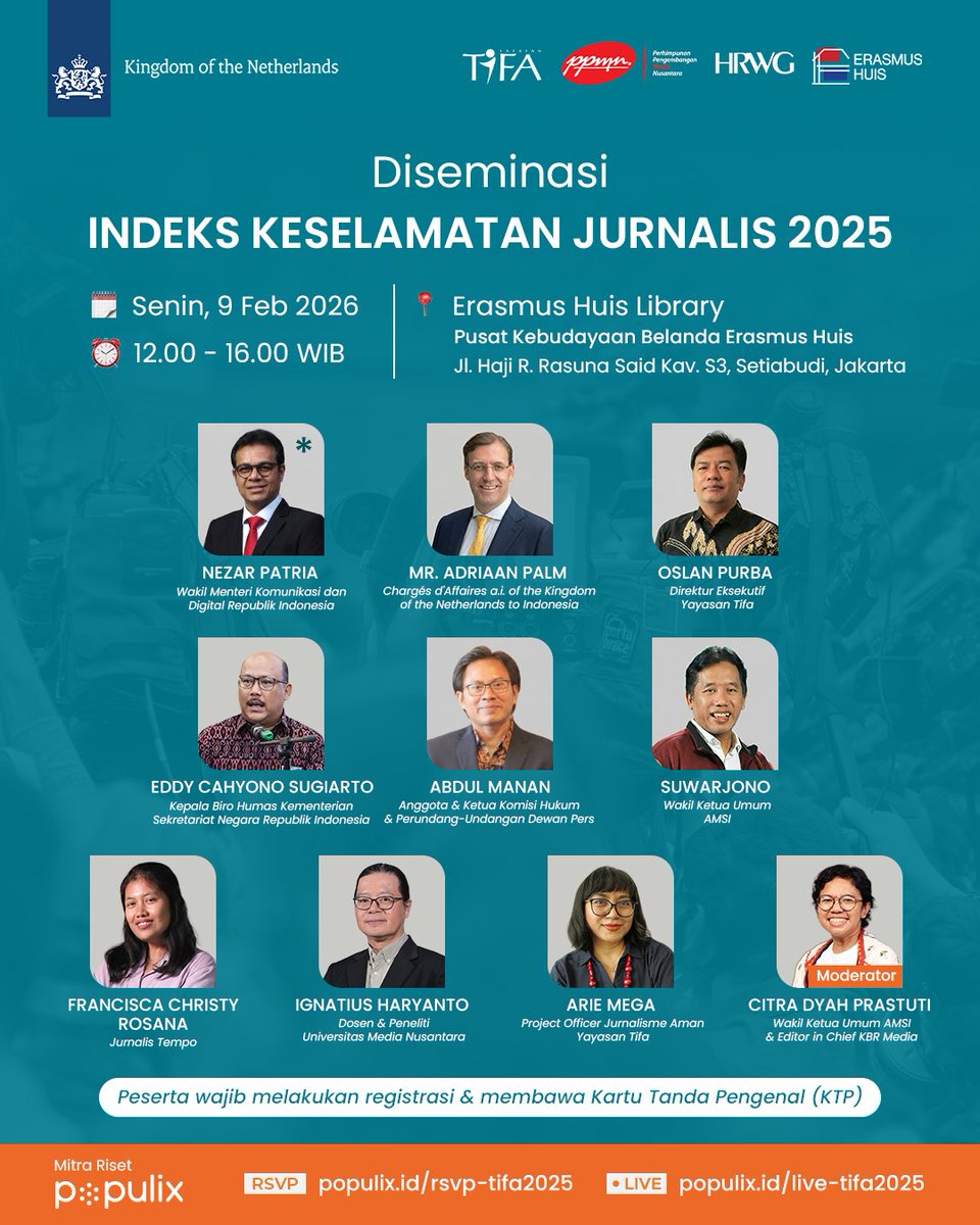 Bagaimana kondisi jurnalis di sepanjang 2025 lalu—satu tahun pemerintahan Prabowo-Gibran?

Saksikan Diseminasi Indeks Keselamatan Jurnalis 2025 secara langsung di Erasmus Huis atau YouTube Live.

9 Februari 2026
12.00–16.00 WIB

Tautan Pendaftaran dan Live tertera di poster.