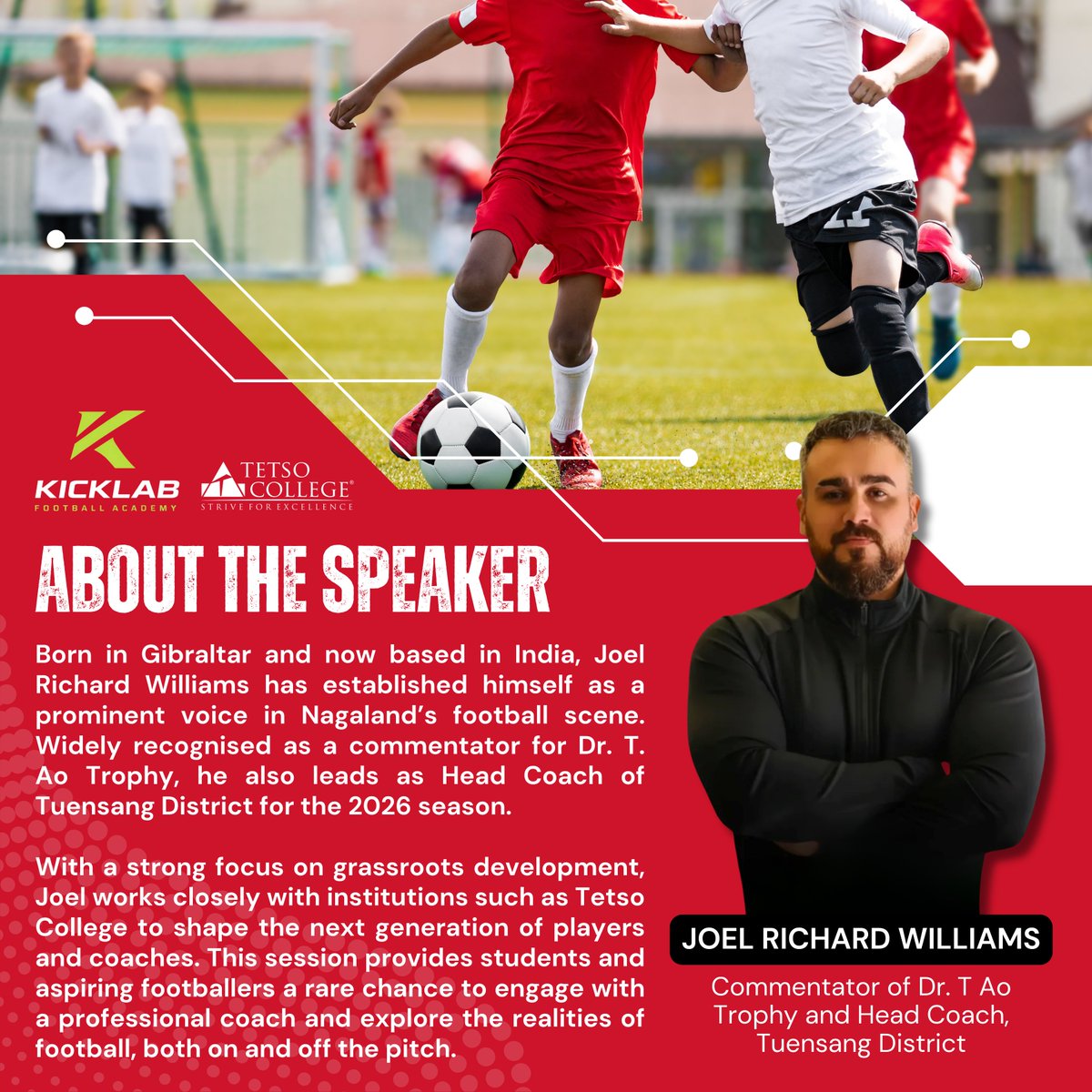 TetsoCollege's tweet image. Dear Aspiring Football Champs and Enthusiasts, Tetso College is pleased to bring to the fore Mr. Joel Richard Williams who is Nagaland's well known commentator for Dr. T. Ao Trophy and Head Coach for Tuensang District for  Dr. T. Ao Trophy 2026 to talk about his initiatives.
