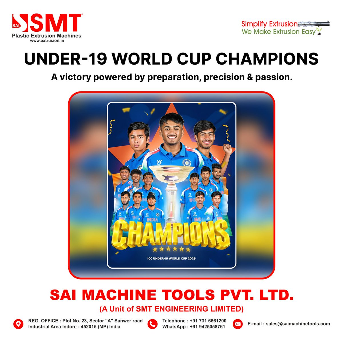 saimachinetools's tweet photo. 🏆 UNDER-19 WORLD CUP CHAMPIONS, INDIA 🇮🇳
A victory built on preparation, precision & passion.
At Sai Machine Tools, we believe champions—on the field or in industry—are built with vision, consistency & innovation.
#Under19WorldCup2026 #ChampionsOfIndia #SaiMachineTools https://t.co/UuqCHbplP8
