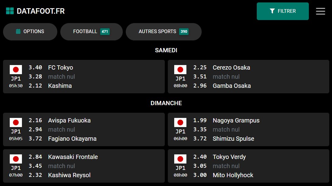 Le Japon est de retour sur Datafoot 🇯🇵

C’est un nouveau championnat.

Privilégiez les championnats européens avant de vous intéresser au Japon.

Attendez plutôt au moins la 8e journée.

Profitez de Datafoot au meilleur prix juste ci-dessous ⬇️