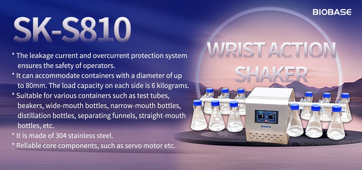 Wrist Action Shaker SK-S810
• Safety protection system
• Up to 80 mm container diameter
• 6 kg load per side
• 304 stainless steel body
• Stable servo motor
Reliable mixing for everyday lab applications.
#LabEquipment #LabShaker #ScientificResearch #BIOBASE