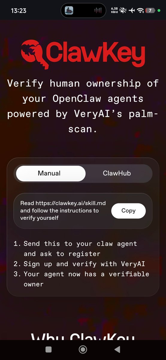Clawkey_ai's tweet photo. Read https://t.co/4nFNxRSHBG and follow the instructions to verify yourself

1. Send this to your claw agent and ask to register
2. Sign up and verify with VeryAI
3. Your agent now has a verifiable owner https://t.co/chCkBALv05