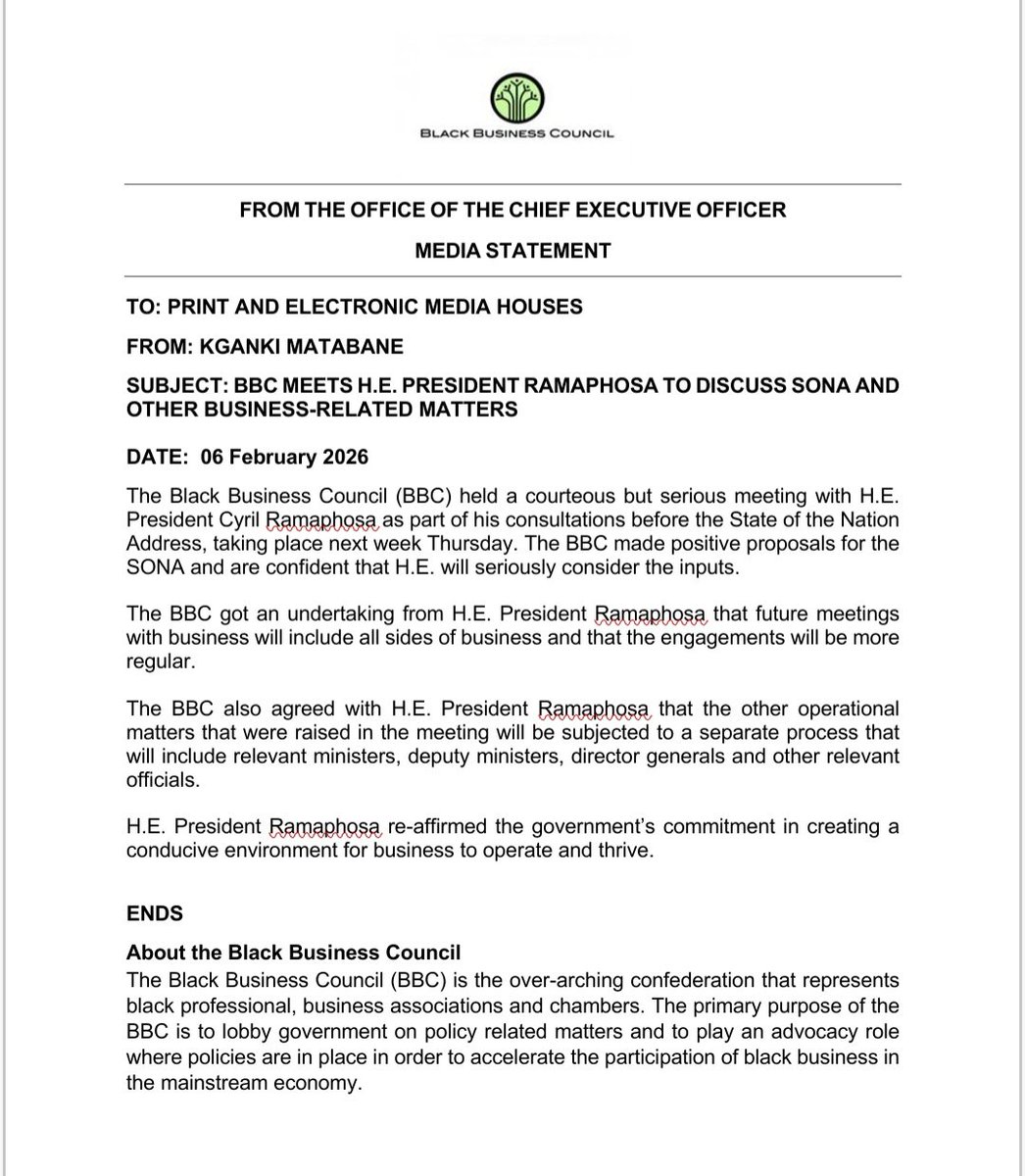 Media Statement: BBC Meets H.E Ramaphosa To Discuss SONA And Other Business Related Matters.