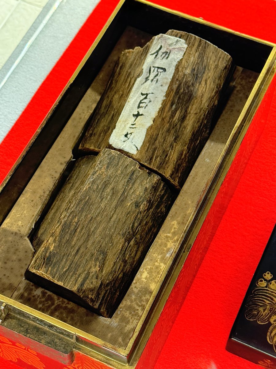 現在展示中の香木「伽羅」 沈香のなかでも最高級といわれます 五三桐紋