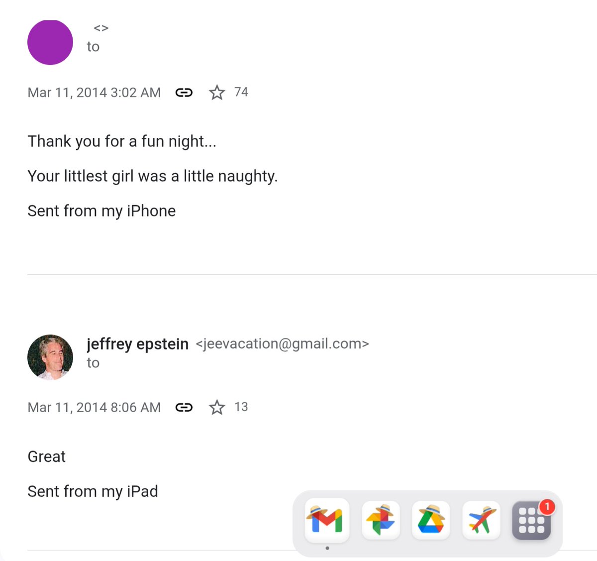 "Thank you for a fun night... Your littlest girl was a little naughty," a redacted contact wrote to Epstein. 

Might this warrant an investigation from the FBI or DOJ? Or will verbal gymnastics be used to justify this away too?
justice.gov/epstein/files/…