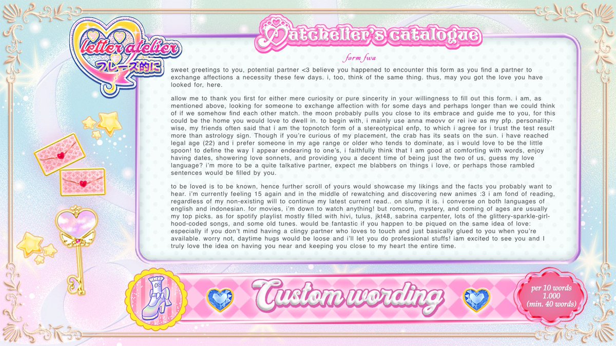 ♡ .:: 🍨 a dash of poised wording aim of captivating beloved readers into falling for its whimsical love ⋆ ♪ 🍮 sweet narrative spelled betwixt each, anais’ <a href="/atchelier/">anais 🍮</a> is ready to assist  ⁀ *🐰 ˖ knock on her parlor, you go!!

#zonauang bio, custom, pinned, upchar