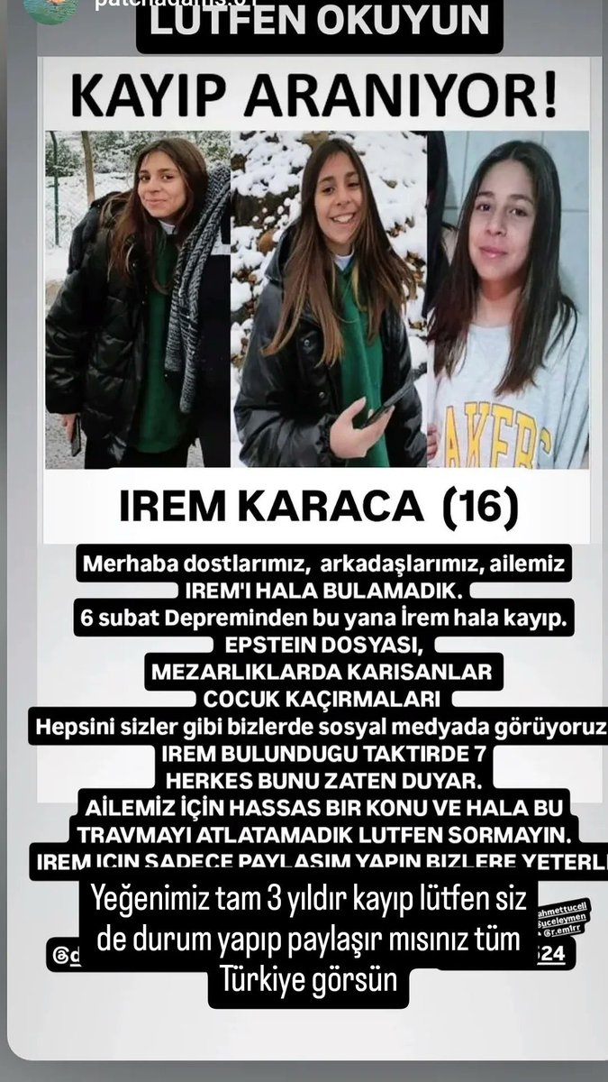 İREM KARACA 6 Şubat depreminden bugüne kayıp ve bulunamamış. 

Aile perişan halde, lütfen paylaşarak destek olalım. 

(Polis arkadaşımızın yeğeni)