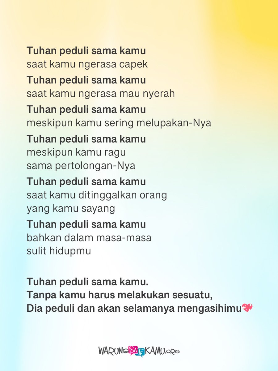 warungsatekamu's tweet image. Gimana pun keadaanmu, Tuhan selalu peduli sama kamu 🤗 

Serahkanlah segala kekhawatiranmu kepada Allah, sebab Ia mempedulikanmu. (1 Petrus 5:7 BIMK) 

#caring #love #weekend #sabtu #peduli
