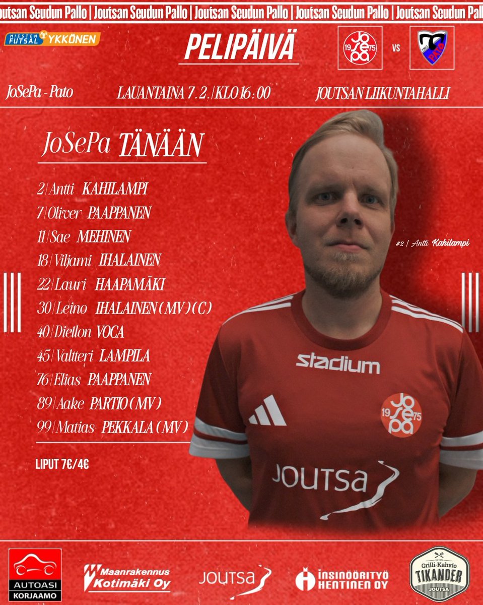 Pelipäivä! Pakkanen se paukkuu edelleen, joten laitetaan tänään mökki lämpimäksi. JoSePa - Pato käyntiin klo 16:00 Joutsan liikuntahallilla! 🔥🔴⚽

Nähdään hallilla! 👋🏻🤩

#futsalfi #joutsa