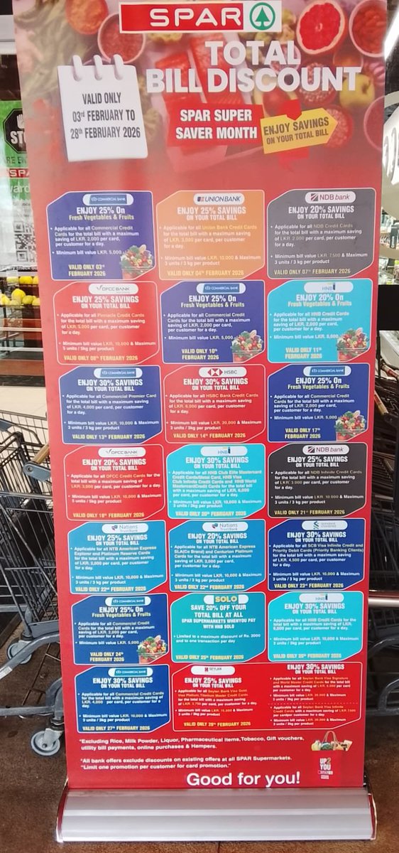 Channa_Amare's tweet image. SPAR throws down the gauntlet in battle for premium #lka Western Province supermarket customers

Upto 30% off total bill value for selected credit cards, with #COMB, #HNB and HSBC offers valid for ALL their credit cardholders

T&amp;amp;C are less than at Glomark

#CARG #CCS #RICH #CSE