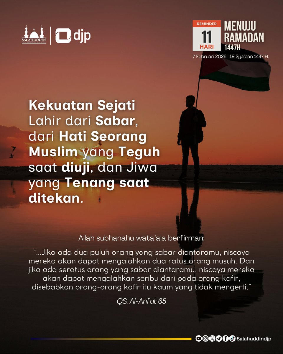 > “Jika ada dua puluh orang yang sabar di antaramu, niscaya mereka dapat mengalahkan dua ratus orang musuh…” 📖 QS. Al-Anfal: 65

#11HariMenujuRamadan #salahuddindjp