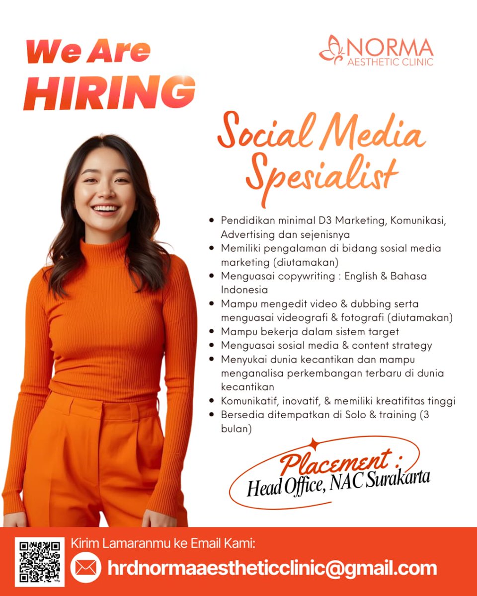 lokersoloraya's tweet image. WE ARE HIRING – NORMA AESTHETIC CLINIC

Penempatan: Head Office, NAC Surakarta

Kirim lamaran ke:
 hrdnormaaestheticclinic@gmail.com
🔗 bit.ly/FormAplikasiNAC

#lowongankerja #lokerSolo #beautyindustry #karirSolo