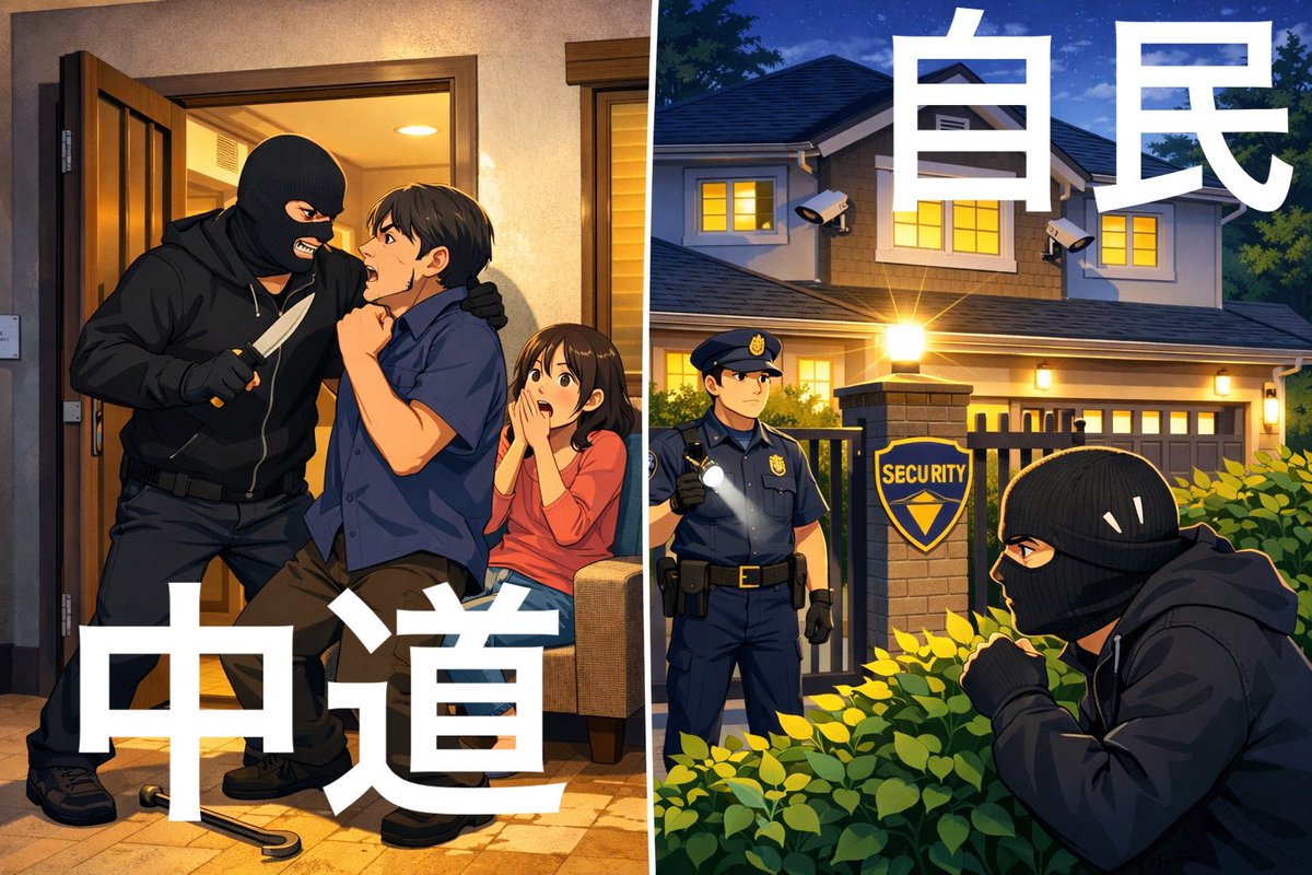 shinjihi's tweet image. 戸締りしないで強盗と仲よくしよう！というのが中道。

戸締りセキュリティしっかりで強盗を寄せ付けないのが自民党。