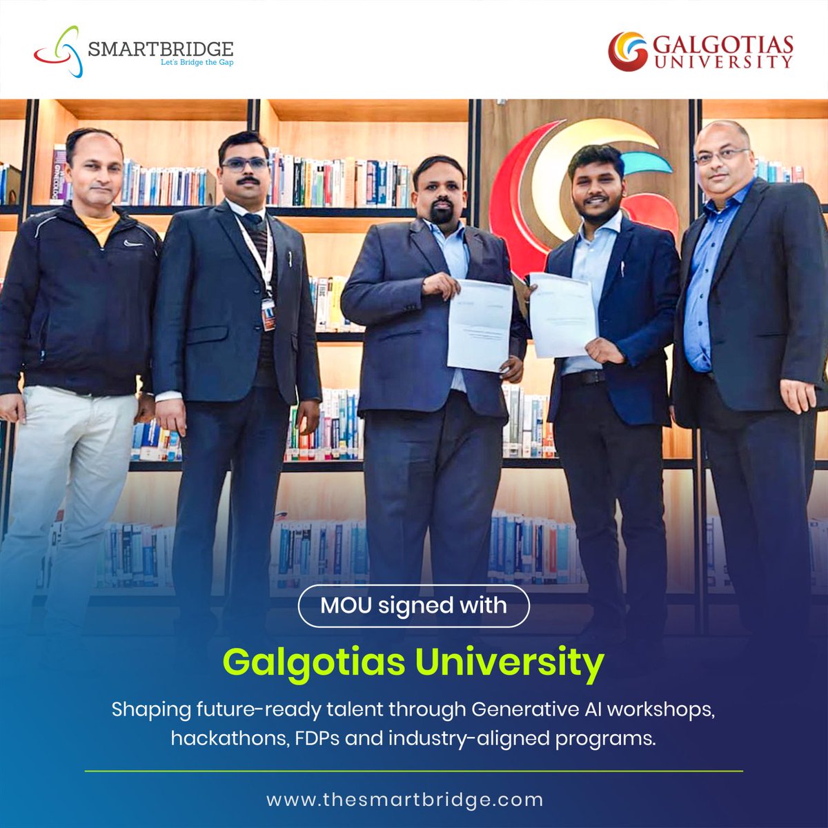 thesmartbridge's tweet photo. #SmartBridge has signed an MoU with Galgotias University, launching a #collaborativepartnership to empower students & educators through #GenAI workshops, hackathons, FDPs & industry-aligned initiatives.
Together, we’re building future-ready #talent for the tech-driven world. 🌐 https://t.co/pvjMKxQhce