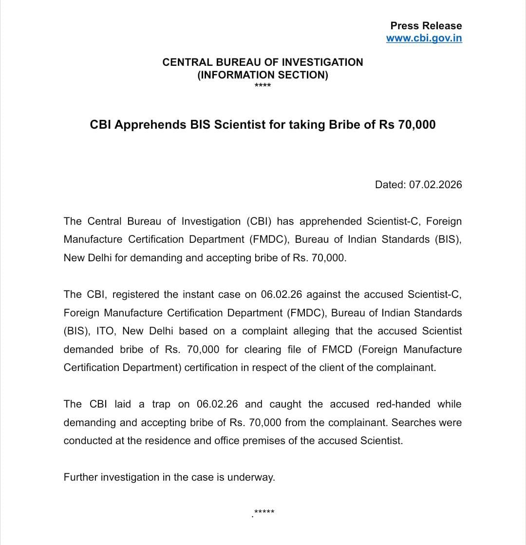 CBIHeadquarters's tweet photo. CBI Apprehends BIS Scientist for taking Bribe of Rs 70,000 https://t.co/0DrWeDhzdu
