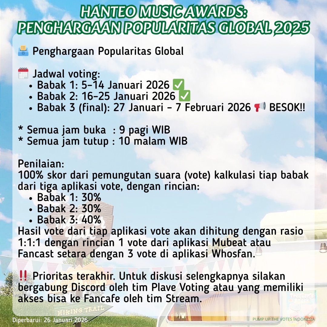 PLLI!! Mengingatkan HMA 2025 Babak Final AKAN DITUTUP HARI INI jam 10 malam WIB alias 8 jam lagi. Gencarkan tiket vote kalian yaa!! Semangat 💪🏻💪🏻