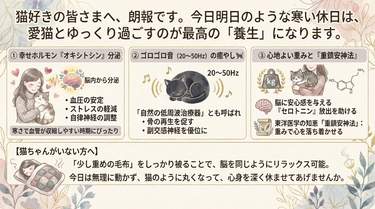 猫好きの皆さまへ、朗報です。
今日明日のような寒い休日は、愛猫とゆっくり過ごすのが最高の「養生」になります。

猫と触れ合うと、脳内から幸せホルモン『オキシトシン』が分泌されます。これは単なる癒やしだけでなく、
・血圧の安定
・ストレスの軽減
・自律神経の調整