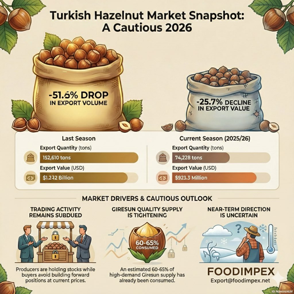 Foodversy's tweet photo. HAZELNUT KERNELS

Key Risks Facing the Market

Climatic Uncertainties and Frost Risk: The most critical risk for the 2026 crop involves the frost risk expected during March and April

https://t.co/iMYeRZrix9

Contact:
WhatsApp https://t.co/yupdepW59A
Email: export@foodimpex.net https://t.co/BlER9bmsUS